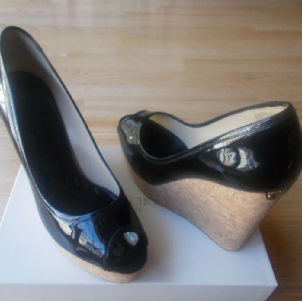 Jimmy Choo Papina Cork Wedge Peep Toe Black Patent Leather Women's Shoes